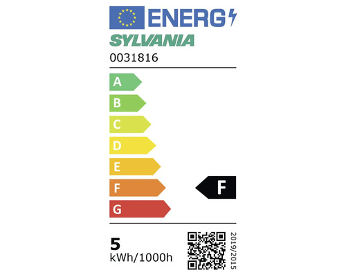 Sylvania Logo sur l'étiquette énergétique de l'Union européenne, modèle 0031816, classe F, consommation 5 kilowattheures par 1000 heures.