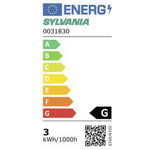 Étiquette énergétique de l'Union européenne pour Sylvania 0031830, classe énergétique G, 3 kilowattheures pour 1000 heures.