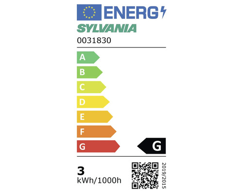 Étiquette énergétique de l'Union européenne pour Sylvania 0031830, classe énergétique G, 3 kilowattheures pour 1000 heures.