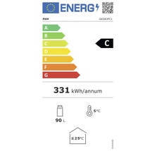Energielabel PKM GKS83FC1 mit Energieeffizienzklasse C, jährlichem Energieverbrauch von 331 Kilowattstunden, 90 Liter Volumen und einer maximalen Umgebungstemperatur von 25 Grad.