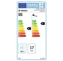 Étiquette énergétique Bosch pour produit de chauffage avec classe d'efficacité énergétique A, profil de robinet XL, 45 décibels et 17 kilowatts