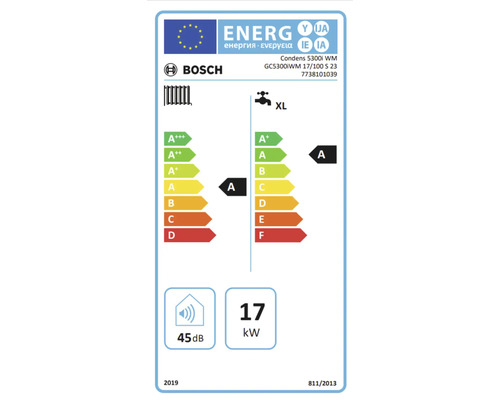 Étiquette énergétique Bosch pour produit de chauffage avec classe d'efficacité énergétique A, profil de robinet XL, 45 décibels et 17 kilowatts