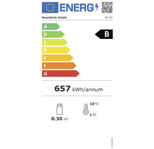 Étiquette énergétique avec la classe d'efficacité énergétique B, une consommation énergétique annuelle de 657 kilowattheures, un volume de 0,30 mètre carré et une plage de température de 1 à 10 degrés.