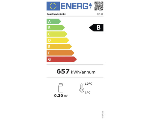 Étiquette énergétique avec la classe d'efficacité énergétique B, une consommation énergétique annuelle de 657 kilowattheures, un volume de 0,30 mètre carré et une plage de température de 1 à 10 degrés.