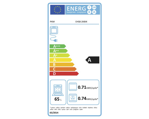 Étiquette énergétique européenne PKM EHS8-2KBIX, classe A, volume 65 litres, consommation 0,71 kilowattheures par cycle.