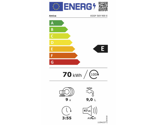 Étiquette énergie européenne pour lave-vaisselle Amica EGSP 569 900 E. Classe E, 70 kilowattheures, 9 couverts, 9 litres d'eau, 47 décibels.