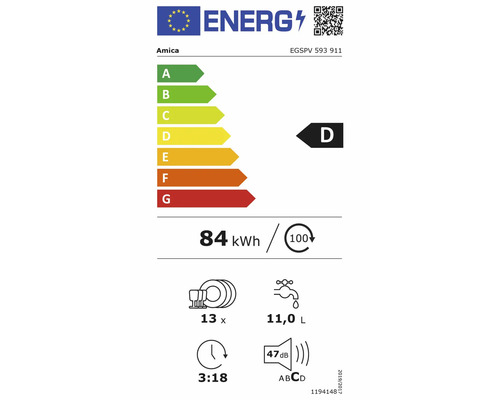 Energielabel Amica Geschirrspüler EGSPV 593 911, Klasse D, 84 Kilowattstunden pro 100 Zyklen, 13 Maßgedecke, 11 Liter und 47 Dezibel.
