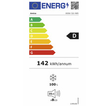 Étiquette énergétique européenne pour Amica EGSX 321 905, classe D, 142 kilowattheures par an, congélateur 100 litres, niveau sonore 35 décibels.