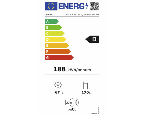 Energielabel für Amica Kühlschrank EKGCX 387 955, Energieklasse D, 188 Kilowattstunden pro Jahr, 170 Liter Kühlen, 67 Liter Gefrieren, 37 Dezibel.