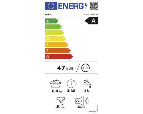 EU-Energielabel für Amica Waschmaschine EWA 34660 W. Energieeffizienzklasse A. 47 Kilowattstunden pro 100 Zyklen. 8 Kilogramm. 48 Liter Wasserverbrauch.
