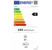 Étiquette énergie UE pour Amica GS 321 100 W, classe énergétique C, 104 kilowattheures par an, volume du congélateur 80 litres, 38 décibels.