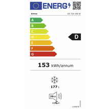 Étiquette énergie européenne pour Amica GS 324 180 W, classe D, 153 kilowattheures par an, 177 litres de congélation, 39 décibels, classe sonore C.