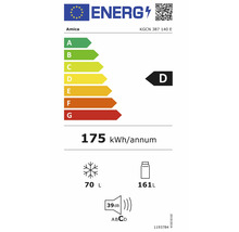 Energielabel Amica KGCN 387 140 E: Energieeffizienzklasse D, 175 Kilowattstunden pro Jahr, 70 Liter Gefrieren, 161 Liter Kühlen, 39 Dezibel Klasse C.