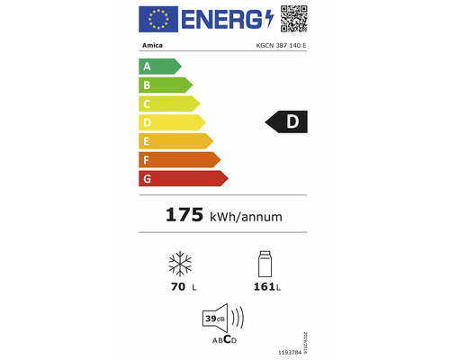 Energielabel Amica KGCN 387 140 E: Energieeffizienzklasse D, 175 Kilowattstunden pro Jahr, 70 Liter Gefrieren, 161 Liter Kühlen, 39 Dezibel Klasse C.