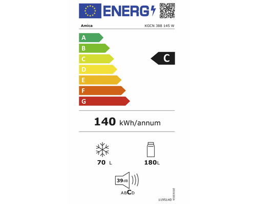 EU-Energielabel für Amica KGCN 388 145 W, Klasse C, 140 Kilowattstunden pro Jahr, 70 Liter Gefriervolumen, 180 Liter Kühlvolumen, 39 Dezibel.