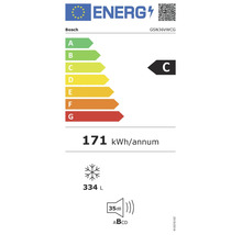 Étiquette énergétique Bosch GSN36VWCG: classe C, 171 kilowattheures par an, 334 litres congélateur, 35 décibels, classe sonore B.