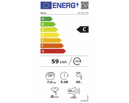 Label énergétique européen Amica WT 472 710 : classe C, 59 kilowattheures pour 100 cycles, capacité 7 kilogrammes, 45 litres consommation d'eau.