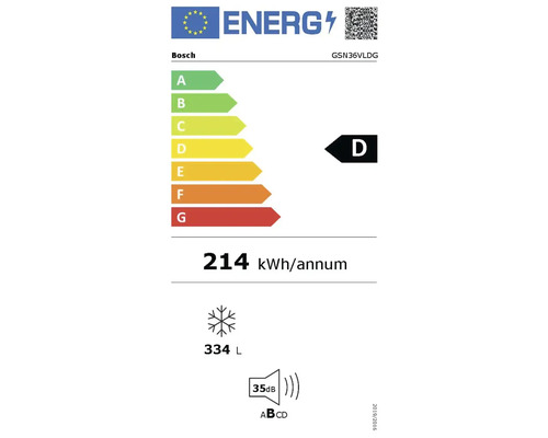 Étiquette énergétique UE Bosch GSN36VLDG, classe D, 214 kilowattheures par an, volume congélateur 334 litres, 35 décibels, classe sonore B.