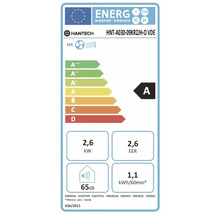 Étiquette énergétique UE pour climatiseur Hantech HNT-A030-09KR2JH-O VDE, classe A, puissance 2,6 kilowatts, niveau sonore 65 décibels.