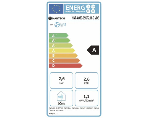 Étiquette énergétique UE pour climatiseur Hantech HNT-A030-09KR2JH-O VDE, classe A, puissance 2,6 kilowatts, niveau sonore 65 décibels.