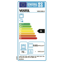Étiquette énergie pour four Vestel VEH11026-2 avec classe efficacité énergétique A, volume de 72 litres et 0.81 kilowatt-heure par cycle.