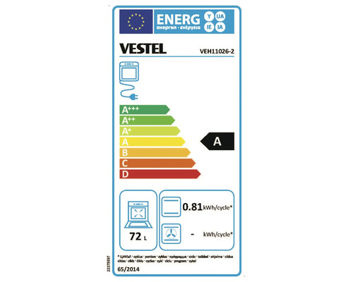 Étiquette énergie pour four Vestel VEH11026-2 avec classe efficacité énergétique A, volume de 72 litres et 0.81 kilowatt-heure par cycle.