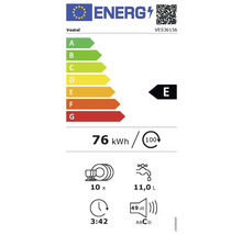 Energielabel Vestel VES36156: Klasse E, 76 Kilowattstunden pro 100 Zyklen, 10 Maßgedecke, 11 Liter Wasser, 3 Stunden 42 Minuten, 49 Dezibel.
