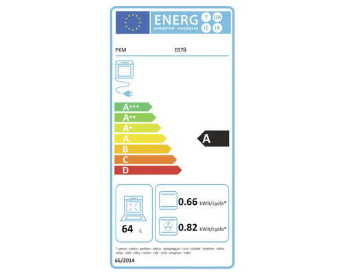 Étiquette énergie UE PKM EB7B. Classe A. Consommation 0,66 kilowattheure conventionnel et 0,82 chaleur tournante par cycle. Volume 64 litres.
