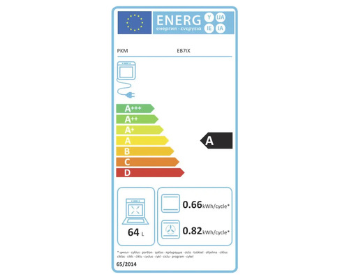 EU-Energielabel für PKM Backofen EB7IX, Energieeffizienzklasse A, Garraumvolumen 64 Liter, Energieverbrauch 0,66 bis 0,82 Kilowattstunden pro Zyklus.