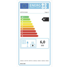 Energielabel für Justus Vegas V, Energieeffizienzklasse A plus, Wärmeleistung 6,0 Kilowatt.