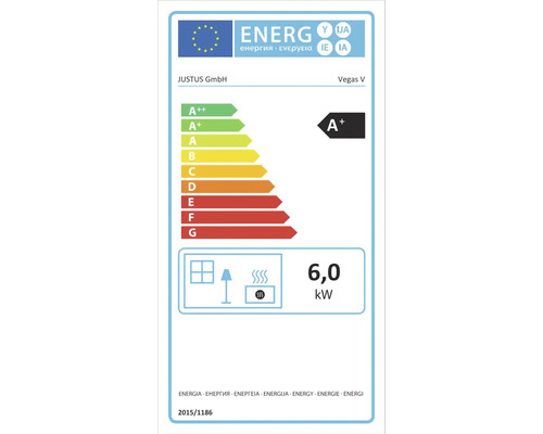 Energielabel für Justus Vegas V, Energieeffizienzklasse A plus, Wärmeleistung 6,0 Kilowatt.