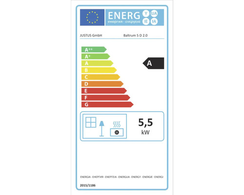 EU-Energielabel für JUSTUS GmbH Baltrum 5 D 2.0, Energieeffizienzklasse A, Wärmeleistung 5,5 Kilowatt.
