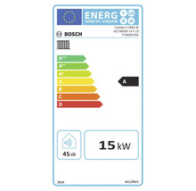 Étiquette énergie européenne pour Bosch Condens 5300i W avec classe d efficacité énergétique A, 15 kilowatts et 45 décibels.