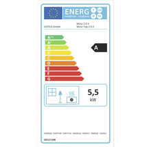 Europäisches Energieetikett für Justus Kaminofen Mino 2.0 II und Mino Top 2.0 II, Energieeffizienzklasse A, 5,5 Kilowatt.