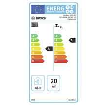 Étiquette énergétique Bosch pour le chauffage et l'eau chaude, classe A, 48 décibels, 20 kilowatts.