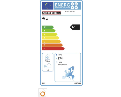 Étiquette énergie UE Stiebel Eltron WWK-I 300 Plus, classe A plus, profil XL, intérieur 59 décibels, consommation 974 kilowattheures par an.