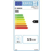 Europäisches Energielabel für Bosch Condens 7800i W. Energieeffizienzklasse A, Heizleistung 15 Kilowatt, Geräuschemission 42 Dezibel. Bosch Logo.