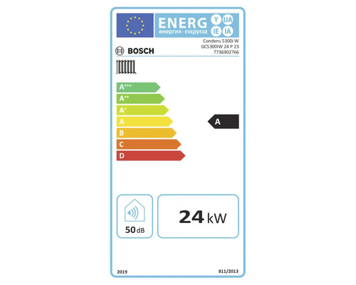 Étiquette énergie UE pour Bosch Condens 5300i W, Bosch Logo, classe d efficacité énergétique A, puissance 24 kilowatts, niveau sonore 50 décibels.