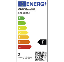 Hornbach Energielabel Klasse F, Modell 12618456. Skala A bis G, Energieverbrauch 2 Kilowattstunden pro 1000 Stunden.