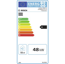 Logo Bosch. Étiquette énergie européenne pour Bosch Condens 9800i W. Classe efficacité énergétique A, puissance 48 kilowatts, niveau sonore 55 décibels.