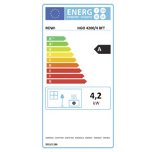 ROWI Logo, étiquette énergétique de l'UE pour l'appareil de chauffage HGO 4200/4 BFT, classe d'efficacité énergétique A, puissance thermique 4,2 kilowatts.