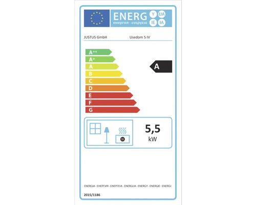 EU-Energielabel für JUSTUS GmbH Usedom 5 IV. Energieeffizienzklasse A. Wärmeleistung 5,5 Kilowatt.