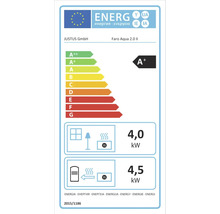 Étiquette énergétique UE pour JUSTUS Faro Aqua 2.0 II, classe efficacité A plus, puissance directe 4,0 kilowatt, indirecte 4,5 kilowatt.