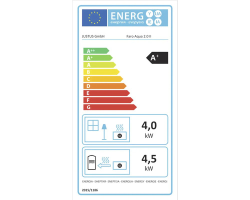 Étiquette énergétique UE pour JUSTUS Faro Aqua 2.0 II, classe efficacité A plus, puissance directe 4,0 kilowatt, indirecte 4,5 kilowatt.