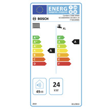 Étiquette-énergie chaudière gaz Bosch Condens 5300i WMA. Chauffage classe A, eau chaude classe A, 49 décibels, 24 kilowatt.