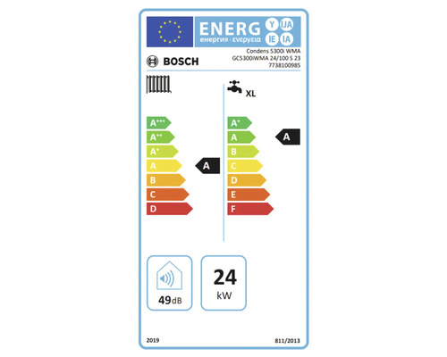 Étiquette-énergie chaudière gaz Bosch Condens 5300i WMA. Chauffage classe A, eau chaude classe A, 49 décibels, 24 kilowatt.