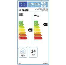 Logo Bosch. Étiquette énergie Bosch Condens 5300i WM. Chauffage A, eau chaude A (profil XL). 49 décibels, 24 kilowatts.