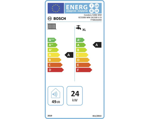 Logo Bosch. Étiquette énergie Bosch Condens 5300i WM. Chauffage A, eau chaude A (profil XL). 49 décibels, 24 kilowatts.