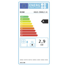 Étiquette énergétique de l'Union européenne pour Rowi HGO 2900/1 K, classe d'efficacité énergétique A, puissance thermique 2,9 kilowatts.