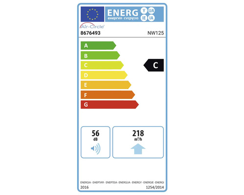 Energielabel der Europäischen Union für Air-Circle NW125 mit Energieeffizienzklasse C, 56 Dezibel und Luftstrom 218 Kubikmeter pro Stunde.